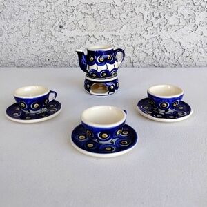 Boleslawiec Polish Pottery Miniature Tea 8 Pc Set Peacock Eye READ MISSING LID